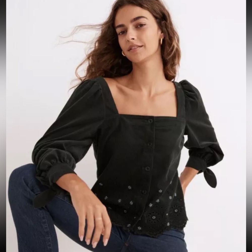 Madewell Emerald Green Holiday Embroidered Eyelet Corduroy Tie-Sleeve Top S